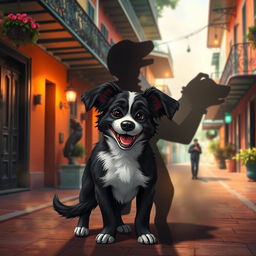 An enchanting scene featuring Legba, a spirited black and white pup with a joyful expression, standing in a captivating New Orleans street filled with vibrant colors and historical architecture