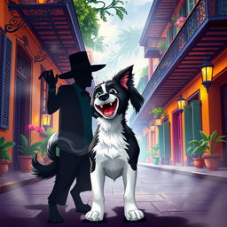 An enchanting scene featuring Legba, a spirited black and white pup with a joyful expression, standing in a captivating New Orleans street filled with vibrant colors and historical architecture