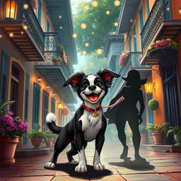 An enchanting scene featuring Legba, a spirited black and white pup with a joyful expression, standing in a captivating New Orleans street filled with vibrant colors and historical architecture
