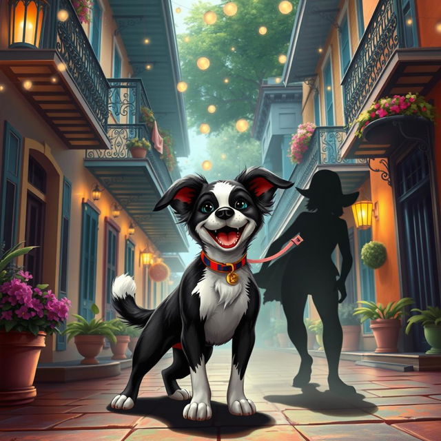 An enchanting scene featuring Legba, a spirited black and white pup with a joyful expression, standing in a captivating New Orleans street filled with vibrant colors and historical architecture