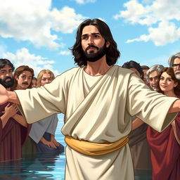 An expressive and thoughtful scene depicting Jesus Christ, with shoulder-length dark hair and wearing a simple tunic, standing by the riverbank with arms open