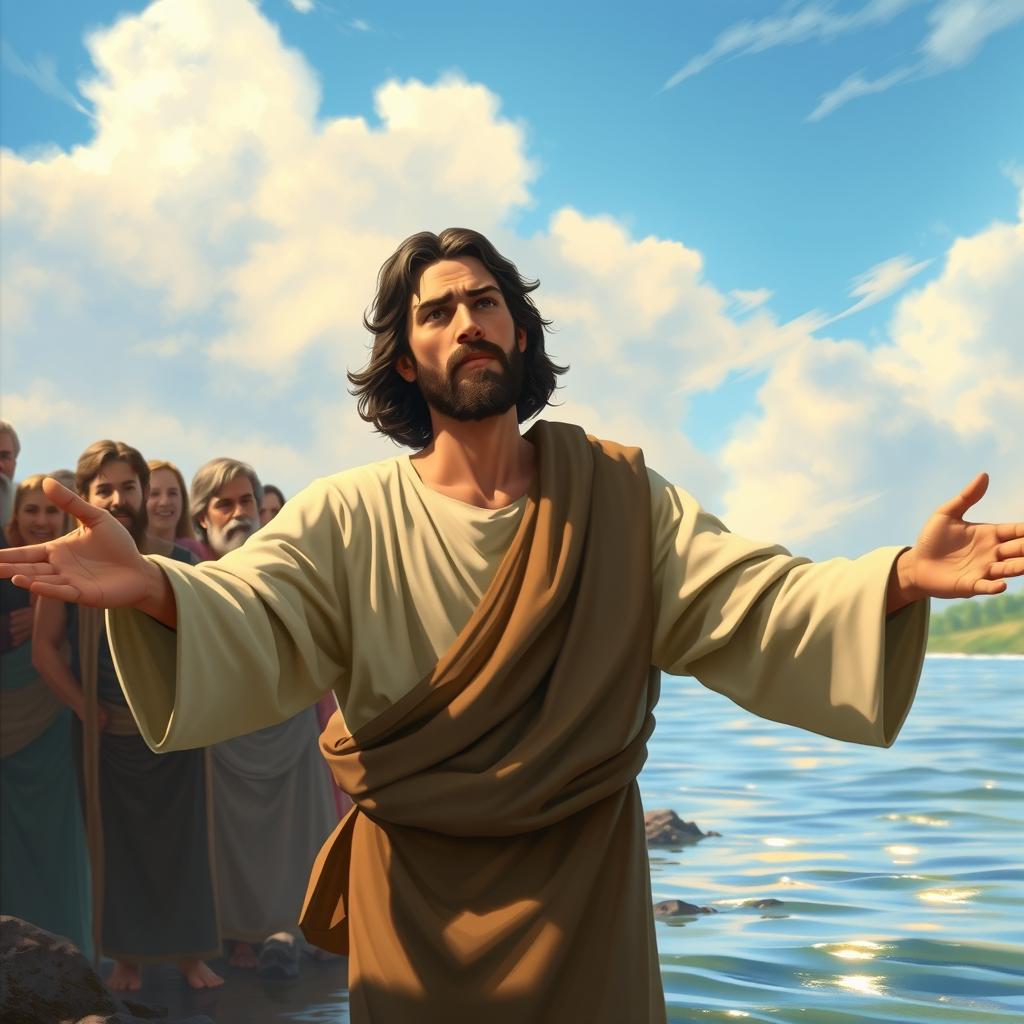 An expressive and thoughtful scene depicting Jesus Christ, with shoulder-length dark hair and wearing a simple tunic, standing by the riverbank with arms open