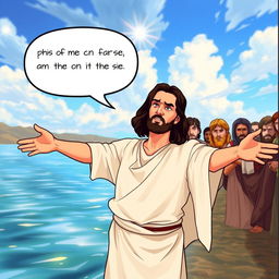 An expressive and thoughtful scene depicting Jesus Christ, with shoulder-length dark hair and wearing a simple tunic, standing by the riverbank with arms open