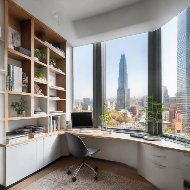 A well-lighted modern office space with a sleek desk, ergonomic chair, bookshelves filled with books, and a large window revealing a cityscape view.