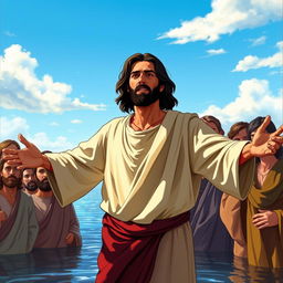 An expressive and thoughtful scene depicting Jesus Christ, with shoulder-length dark hair and wearing a simple tunic, standing by the riverbank with arms open