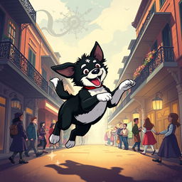 An engaging illustration of Legba, a spirited black and white puppy with a joyful demeanor, capturing the essence of New Orleans