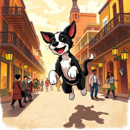 An engaging illustration of Legba, a spirited black and white puppy with a joyful demeanor, capturing the essence of New Orleans
