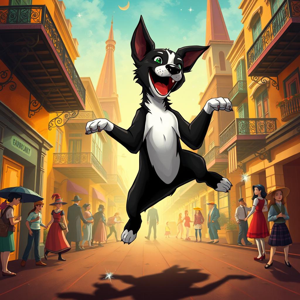 An engaging illustration of Legba, a spirited black and white puppy with a joyful demeanor, capturing the essence of New Orleans