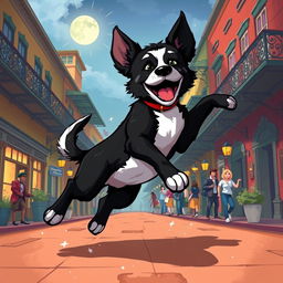An engaging illustration of Legba, a spirited black and white puppy with a joyful demeanor, capturing the essence of New Orleans