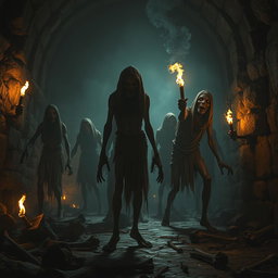 A full-body shot of zombies with grotesquely deformed faces, lurking in the shadows of a dark and foreboding dungeon