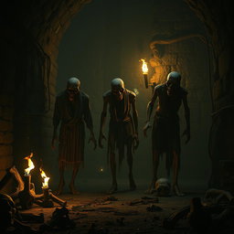 A full-body shot of zombies with grotesquely deformed faces, lurking in the shadows of a dark and foreboding dungeon