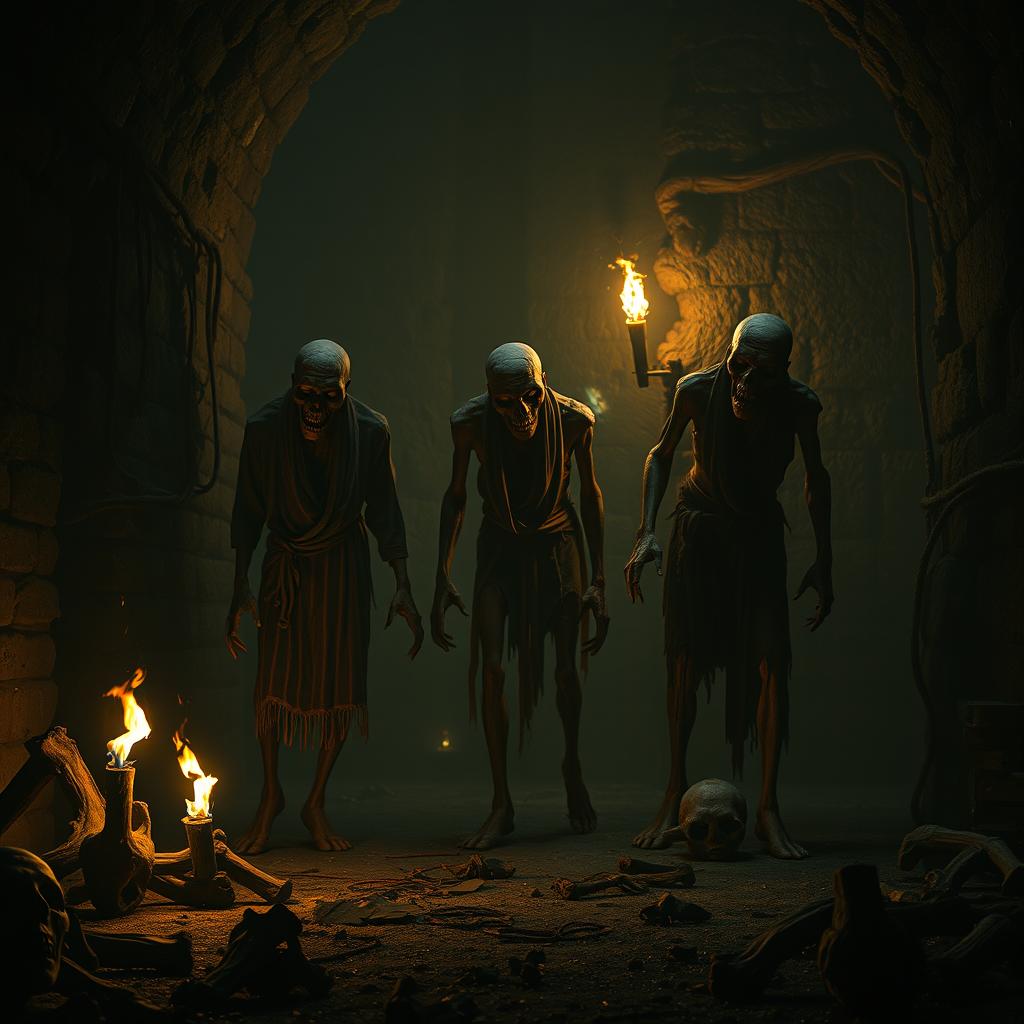 A full-body shot of zombies with grotesquely deformed faces, lurking in the shadows of a dark and foreboding dungeon