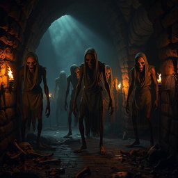 A full-body shot of zombies with grotesquely deformed faces, lurking in the shadows of a dark and foreboding dungeon