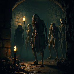 A full-body shot of zombies with grotesquely deformed faces, lurking in the shadows of a dark and foreboding dungeon