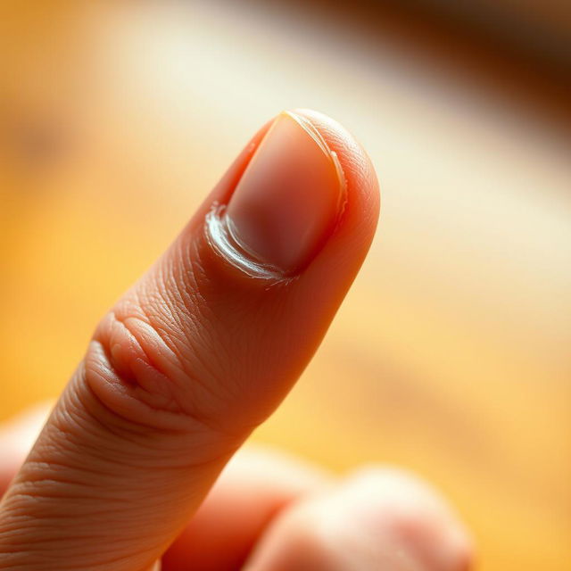 A beautifully detailed close-up of a human thumb in a gripping position, highlighting the textures of the skin, wrinkles, and the natural color variations of the nail