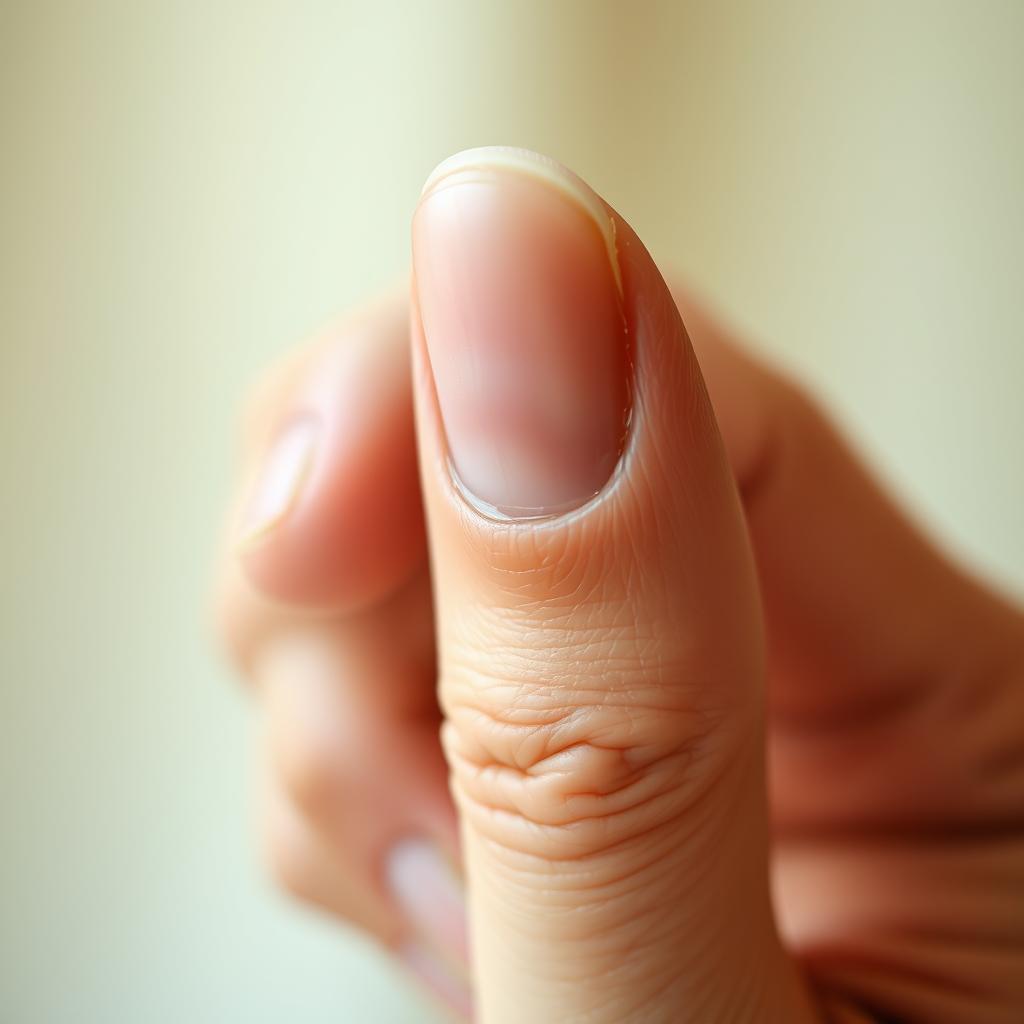 A beautifully detailed close-up of a human thumb in a gripping position, highlighting the textures of the skin, wrinkles, and the natural color variations of the nail