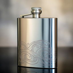 A beautifully designed metal flask, intricately engraved with flowing wave patterns that create an eye-catching and artistic appearance