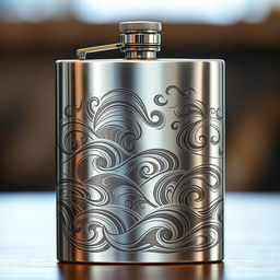 A beautifully designed metal flask, intricately engraved with flowing wave patterns that create an eye-catching and artistic appearance
