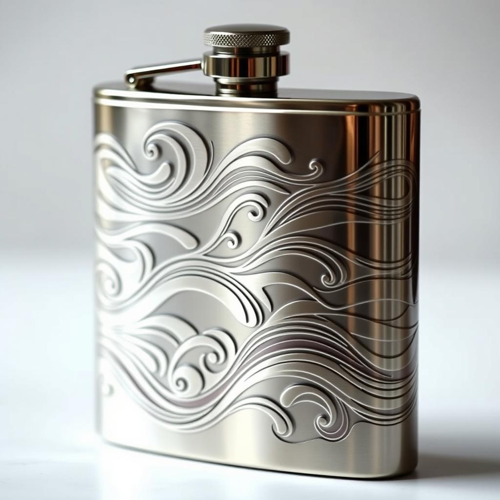 A beautifully designed metal flask, intricately engraved with flowing wave patterns that create an eye-catching and artistic appearance