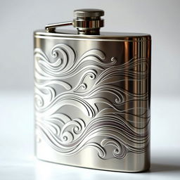 A beautifully designed metal flask, intricately engraved with flowing wave patterns that create an eye-catching and artistic appearance