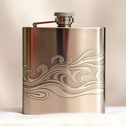 A beautifully designed metal flask, intricately engraved with flowing wave patterns that create an eye-catching and artistic appearance