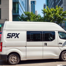 A white Daihatsu Grandmax blind van featuring the SPX logo prominently displayed on its side