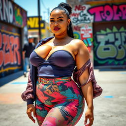 A beautiful woman with oversized breasts, wearing a stylish, colorful outfit that complements her curves, posing confidently in an outdoor urban setting with vibrant graffiti art in the background