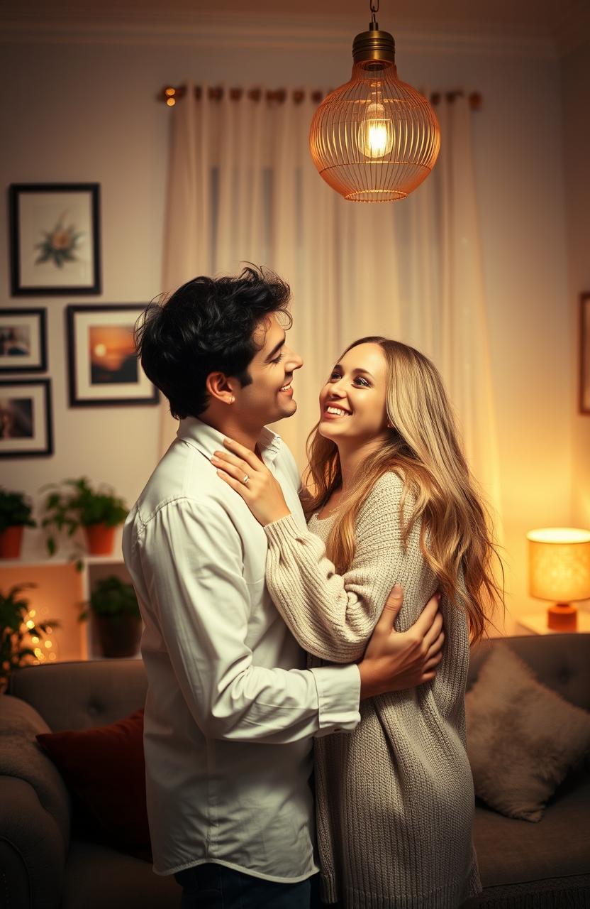 A loving couple embrace each other in a beautifully decorated room filled with soft, ambient lighting