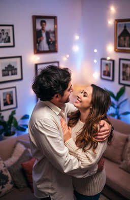 A loving couple embrace each other in a beautifully decorated room filled with soft, ambient lighting
