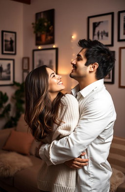A loving couple embrace each other in a beautifully decorated room filled with soft, ambient lighting