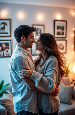 A loving couple embrace each other in a beautifully decorated room filled with soft, ambient lighting