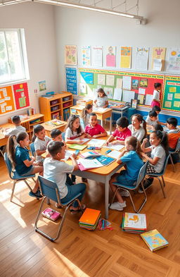 A vibrant classroom scene filled with students engaging in various activities