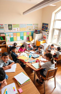 A vibrant classroom scene filled with students engaging in various activities