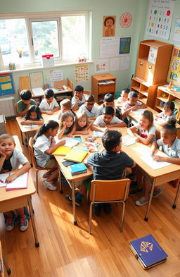 A vibrant classroom scene filled with students engaging in various activities