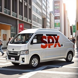 A white Daihatsu Grandmax blind van featuring a striking orange SPX logo prominently displayed on its side