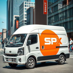 A white Daihatsu Grandmax blind van featuring a striking orange SPX logo prominently displayed on its side