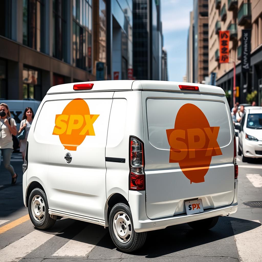 A white Daihatsu Grandmax blind van featuring a striking orange SPX logo prominently displayed on its side