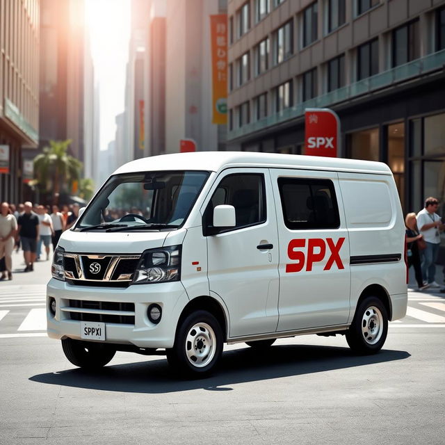 A white Daihatsu Grandmax blind van featuring a striking orange SPX logo prominently displayed on its side