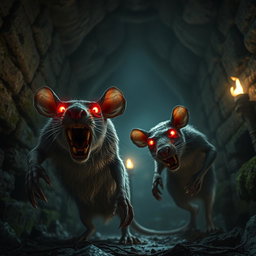 A dramatic low-angle shot of two giant zombie rats with glowing red eyes in a dark dungeon