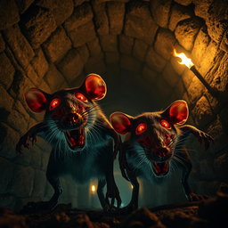 A dramatic low-angle shot of two giant zombie rats with glowing red eyes in a dark dungeon