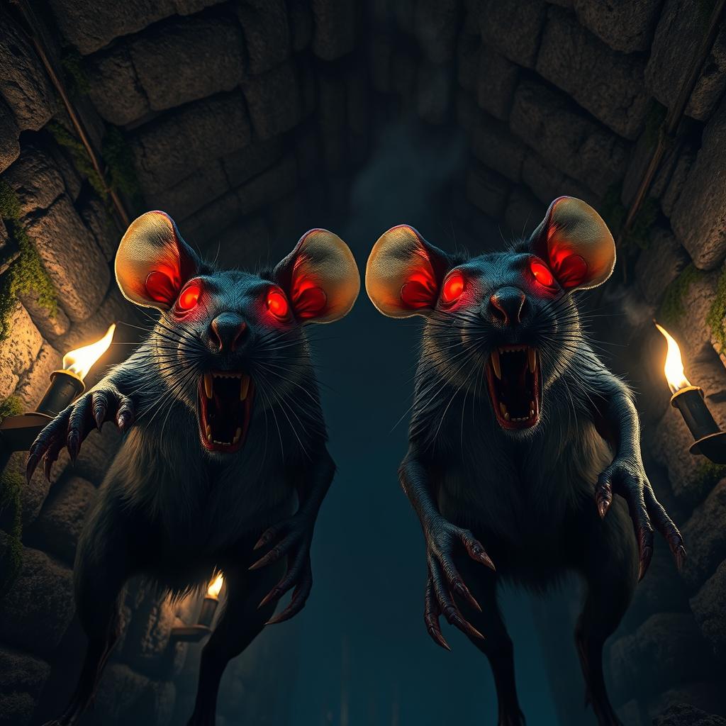 A dramatic low-angle shot of two giant zombie rats with glowing red eyes in a dark dungeon