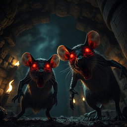 A dramatic low-angle shot of two giant zombie rats with glowing red eyes in a dark dungeon