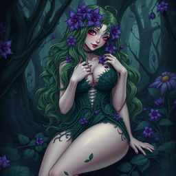 A gothic submissive anime plant girl, sensually caressing her very large breasts while highlighting her thick thighs