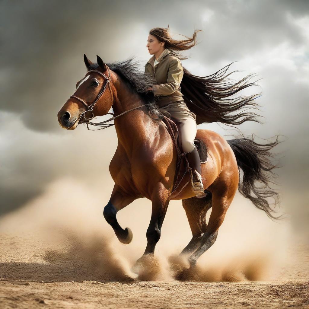A person astride a powerful horse, providing a captivating scene of good horsemanship.