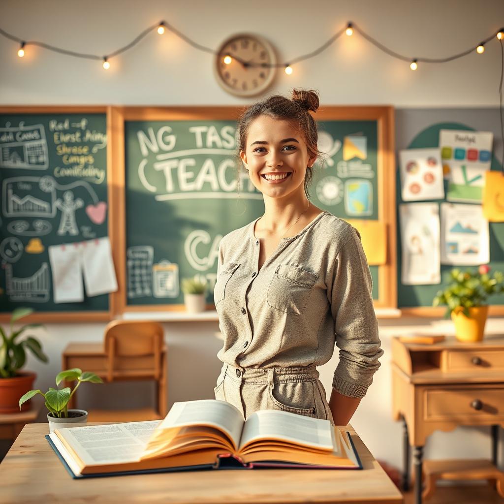 A charming and aesthetic background featuring a cute teacher in a bright, cozy classroom