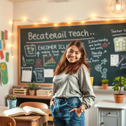 A charming and aesthetic background featuring a cute teacher in a bright, cozy classroom