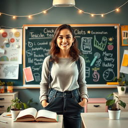 A charming and aesthetic background featuring a cute teacher in a bright, cozy classroom