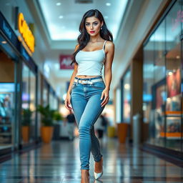 Full length photograph of a sexy, stunning, and beautiful young woman with pale skin, black hair, and striking crystal blue eyes