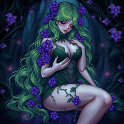 A gothic submissive anime plant girl, sensually caressing her very large breasts while showcasing her thick thighs