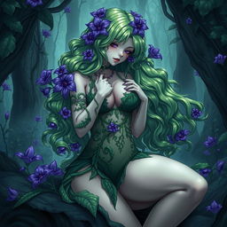 A gothic submissive anime plant girl, sensually caressing her very large breasts while showcasing her thick thighs